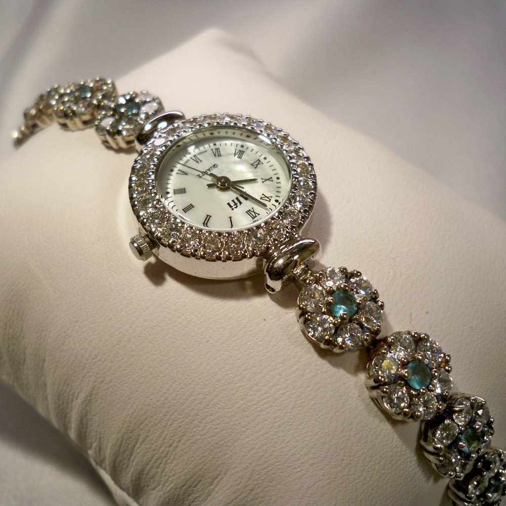 NEW Alfi Blue Cubic Zirconias 925 Silver Swiss Move Watch